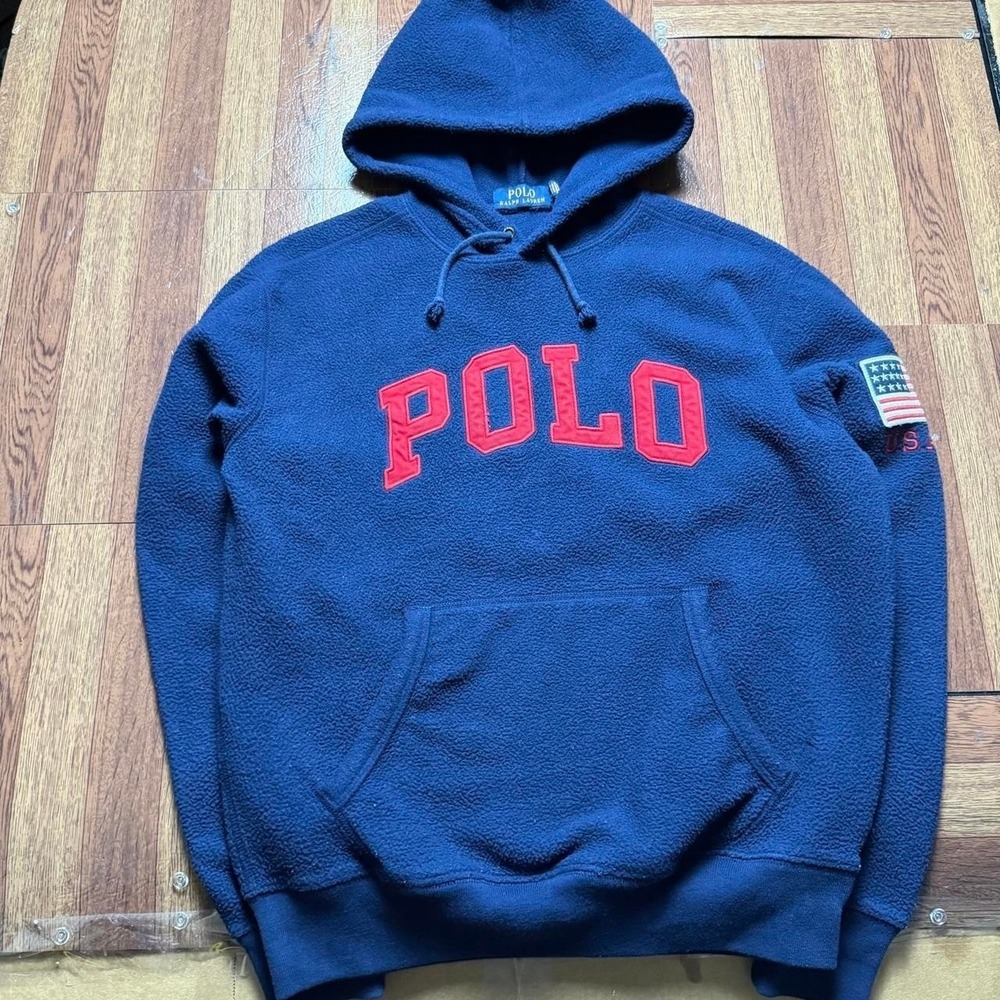 Polo Ralph Lauren Blue Sherpa Fleece USA Patch Hoodie‎ Small